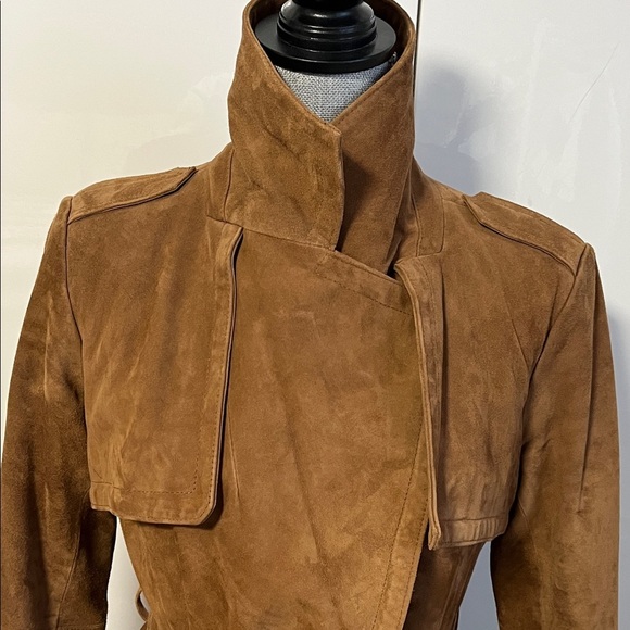 SUEDE Michael Kors Dark Tan Brown Trench Coat Belted Fully Lined, Size M - Picture 5 of 15